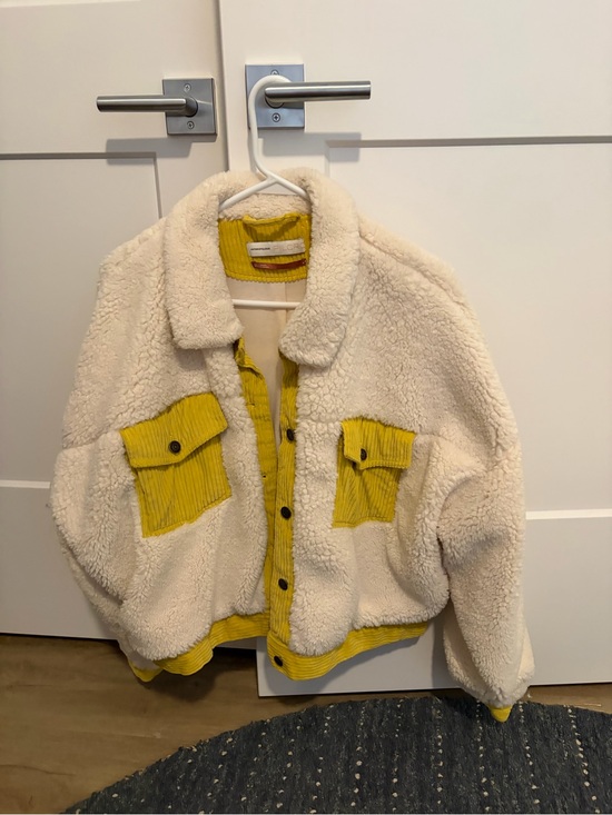 Free People Jackets & Blazers - Free People Cream Sherpa Bomber Jacket with Yellow Accents